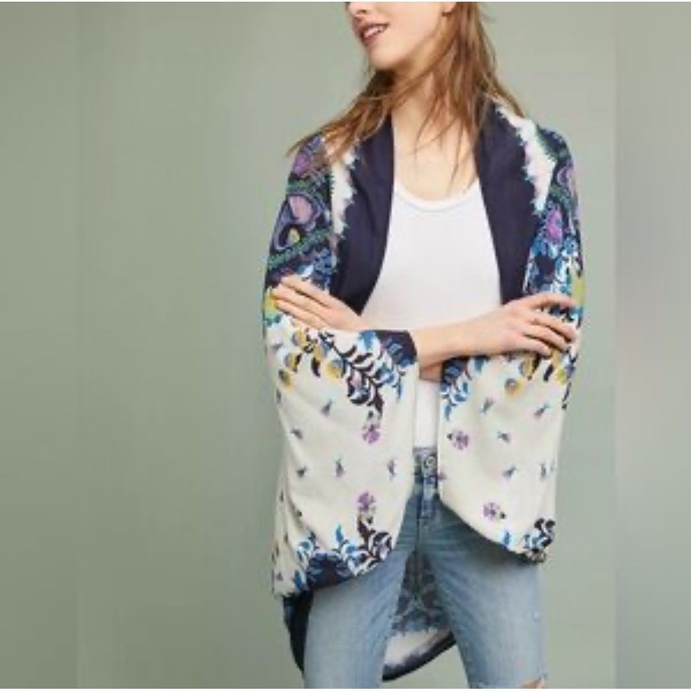 Anthropologie Boho Floral Kimono Wrap Open Front Layering Ruana Cardigan OS